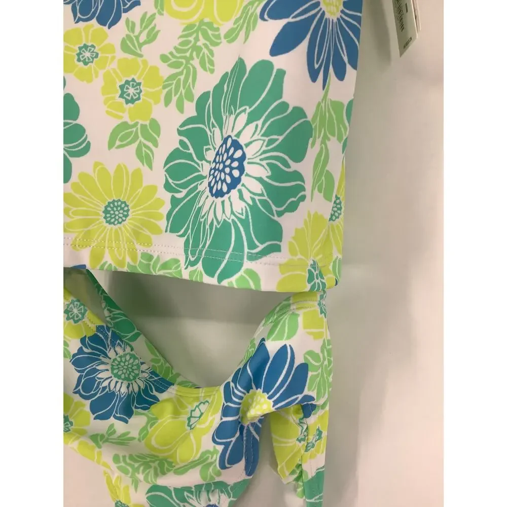 Janie and Jack Girl's 6 Bright Green Floral Ruffle Rashguard Swimsuit Set K17-2